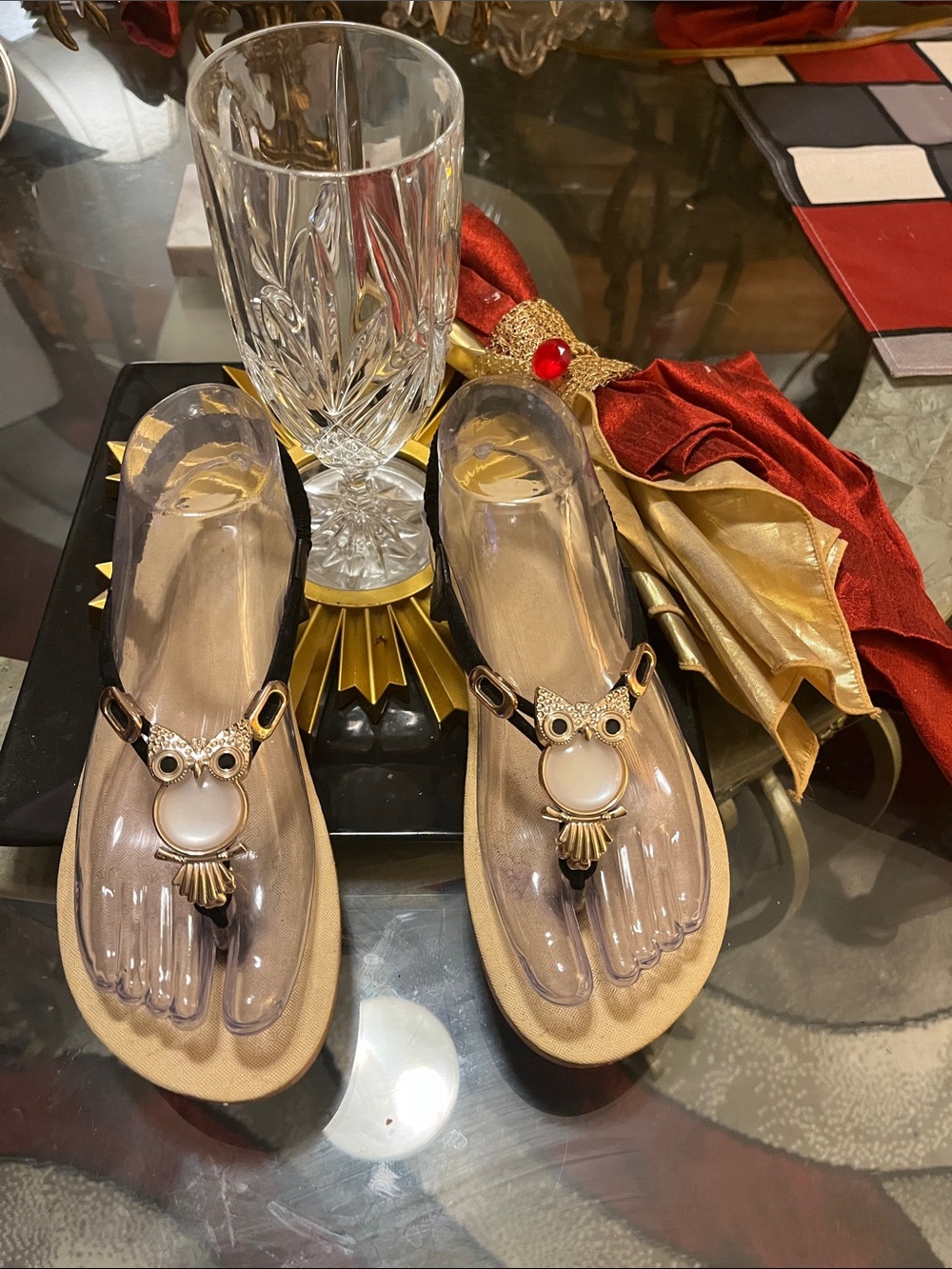 🦉 Navy Sandal with Gold Owl Accent and Cream Gem